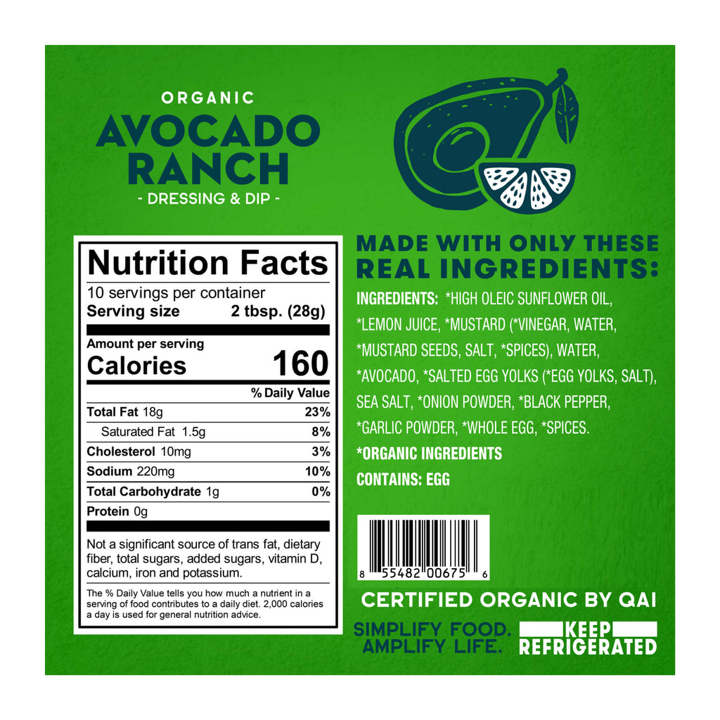 Organic Avocado Ranch- Nutrition Facts Panel
